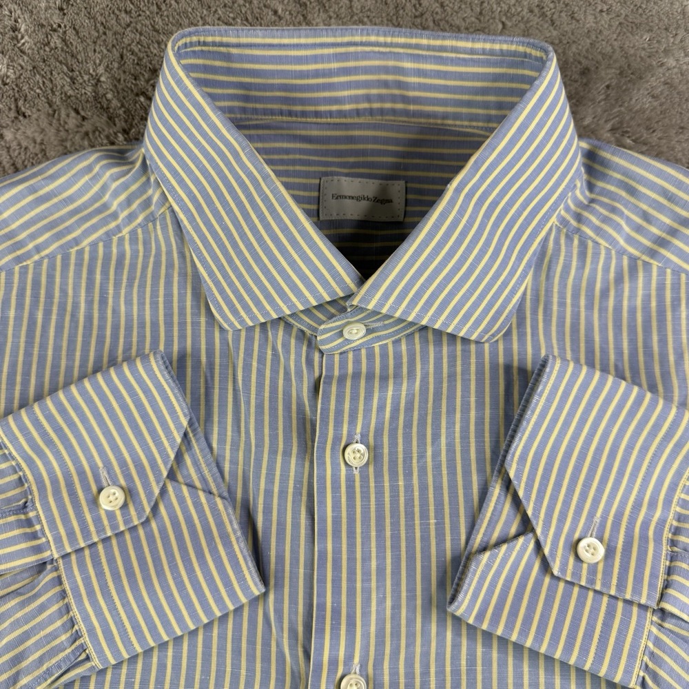 Ermenegildo Zegna Mens 44 17.5 Slim Fit Linen Cotton Dress Shirt Blue Stripe
